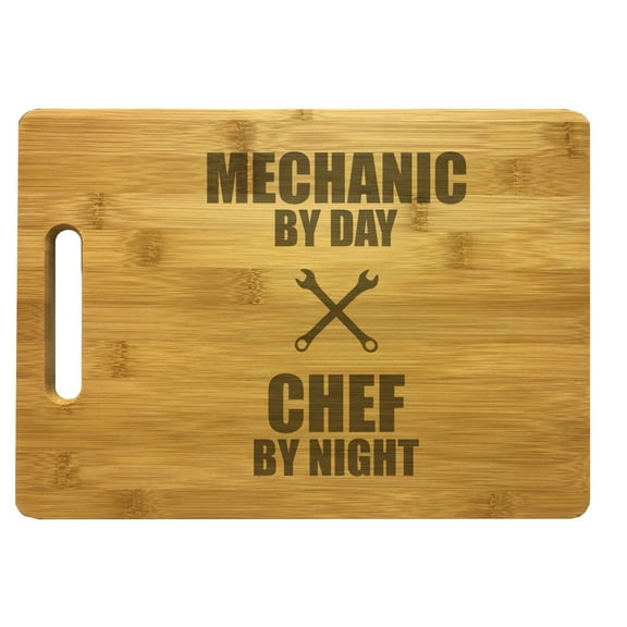 PrecisionNC Gearhead Gifts Mechanic by Day Chef by Night Engraved Large Sized Natural Wood Cutting Board Bamboo