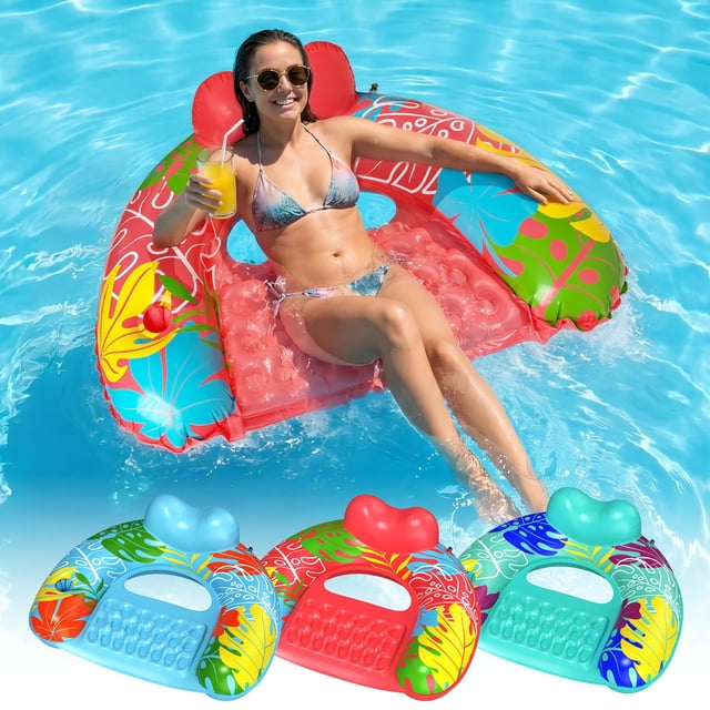 Sillas flotantes inflables para piscina SEETOHOME, 3 unidades, con portavasos