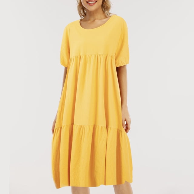 Vestido de color sólido de moda para mujer, cuello redondo, manga corta, talla grande, suelta, infor Abanopi Amarillo/4X-grande