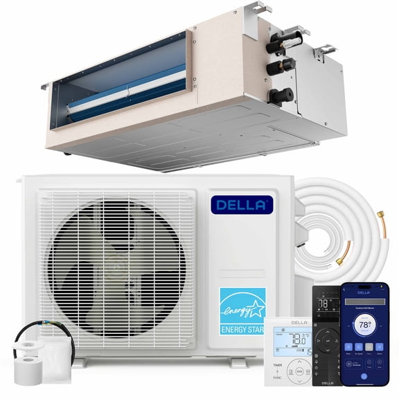 DELLA 9,500 BTU Concealed Ducted Mini Split Air Conditioner, 19.6 SEER2, Energy Star, Pre-Charged, 230V Inverter Heat Pump System, Work with Alexa and Wifi, 16.4ft Installation Kit & Thermostat
