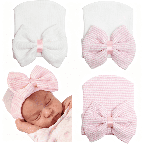 TELOLY Newborn Baby Girl Hats with Bow No Scratch Cotton Toddler Infant Beanie Caps Soft Newborn Hospital Hat Cute Newborn Hats 0-3 Months