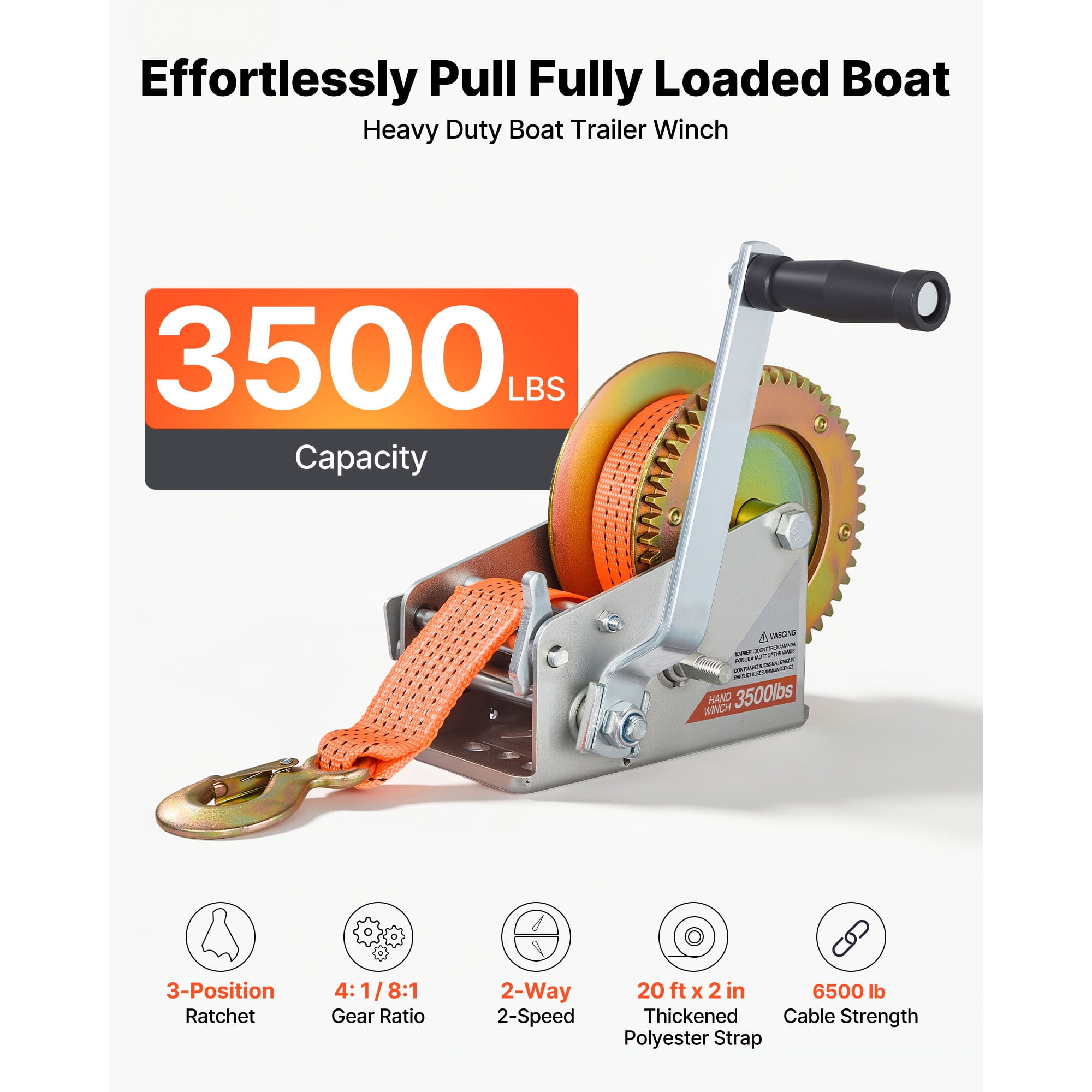 KFFKFF 3500 lbs Manual Boat Winch with 20ft Orange Polyester Strap, Two-Way Ratchet, Dual-Speed Option, and Anti-Slip Handle for Towing Boats, Trailers, and ATVs