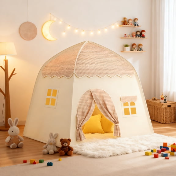 AMTPM Kids Playhouse Tent for Girls Boys Age 3-8, Indoor Outdoor Cottage Play House with Carry Bag, Large Polyester Play Tent for 3-4 Kids, Easy Setup Playroom Backyard Gift, 51"x51"x39"
