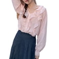 thumbnail image 3 of Women'S V Neck Pleated 3D Floral Flared Long Sleeve Dressy Blouses Tops Pink L, 3 of 10
