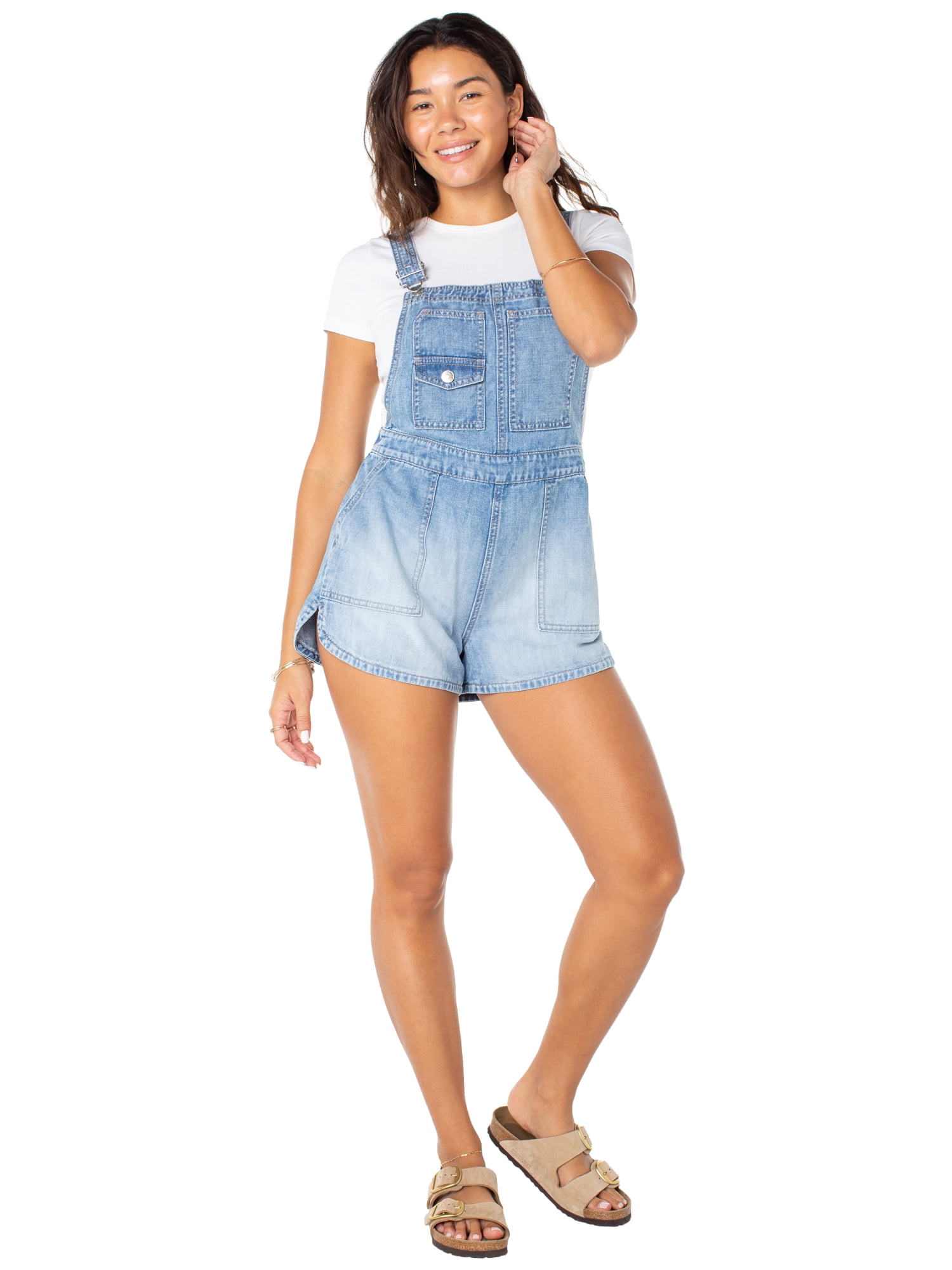 Celebrity Pink Women's Drapey Denim Dolphin Hem Shortalls, Sizes XS-XXXL