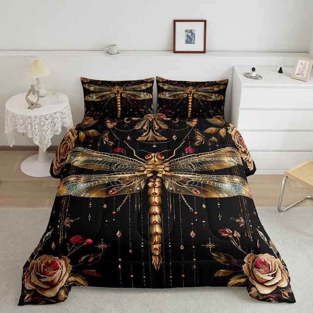Erosebridal Dragonfly Bedding Queen Comforter Set for Teens, Chic Flower Down Comforter, Flying Animal Decor, Reversible 3pcs