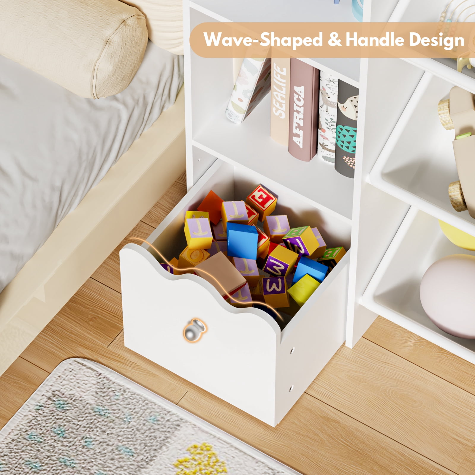 Hommpa Kids Toy Storage Organizer with 8 Toy Storage Bins, Kids Bookcase with 4-Tier Bookshelf, Toy Organizer with 2 Removable Drawers and 3 Cube Storage for Bedroom Playroom, White