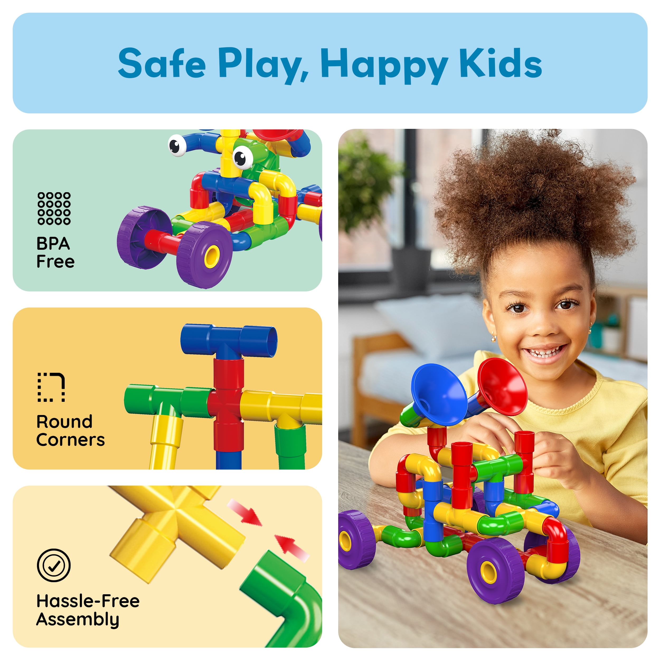 PicassoTiles 136PCS Pipe Tube Wheel Construction Building Blocks Set – STEM Educational Toy for Kids
