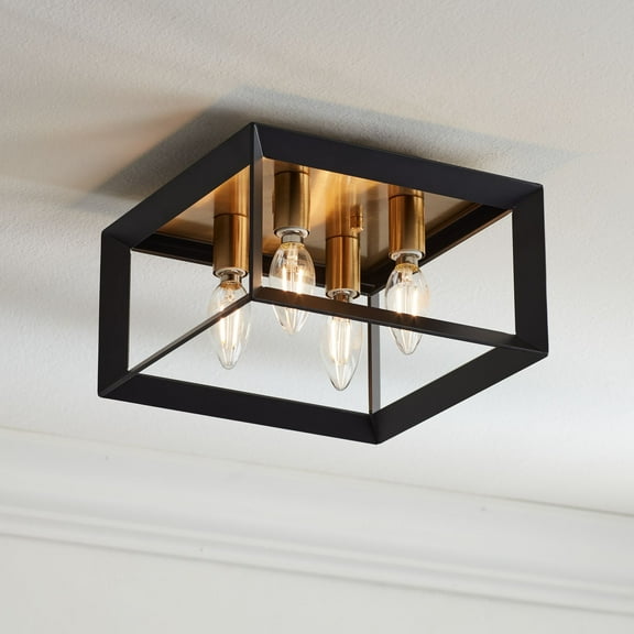 Possini Euro Design Gretna Boxed Modern Industrial Ceiling Light Flush Mount Fixture 10" Wide Black Warm Gold 4-Light Square Frame for Bedroom Kitchen