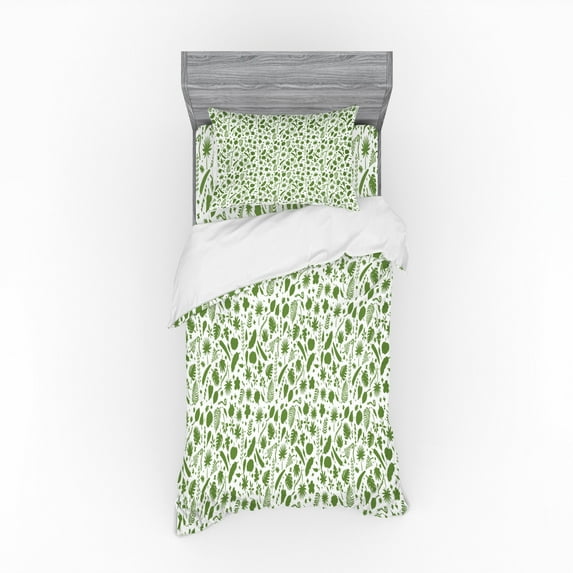 Tropical Duvet Cover Set, Exotic Plants Coconut Shamrock Leaves Botanical Fern Jungle Blooms Pattern, Bedding Set with Shams and Fitted Sheet, 3 Sizes, by Ambesonne