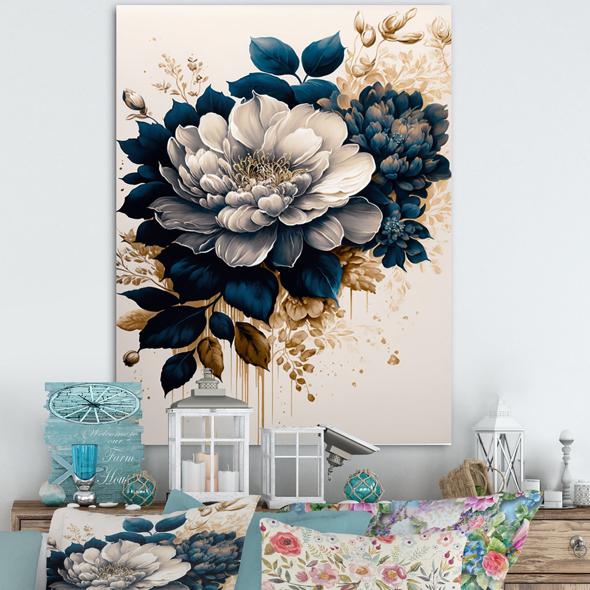 Designart Blue And Gold Dahlia Bunch IV Canvas Wall Art