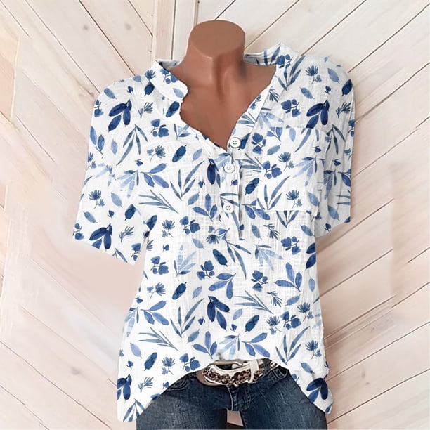 ICHUANYI Clearance Summer Tops For Women Short Sleeve Split Neck Flower Print Elegant Blouses With Chest Pocket(Blue, XL) ICHUANYI WER2023081106558