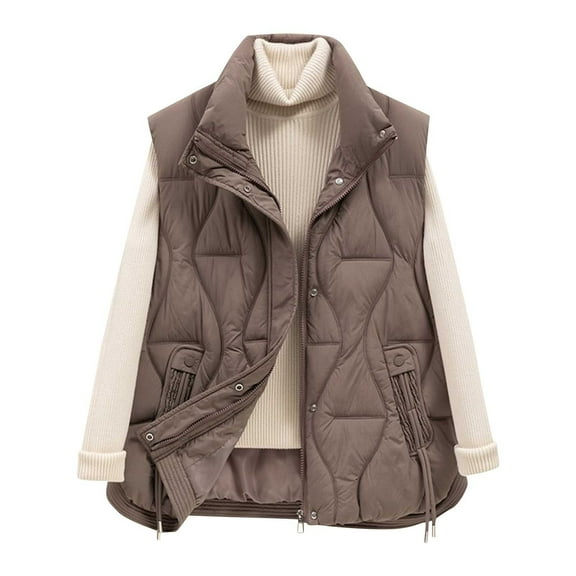 Htigea Lightweight Quilted Vest for Women Stand Collar Sleeveless Jackets Fall Outerwear Warm Winter Coats with Pockets Coffee M