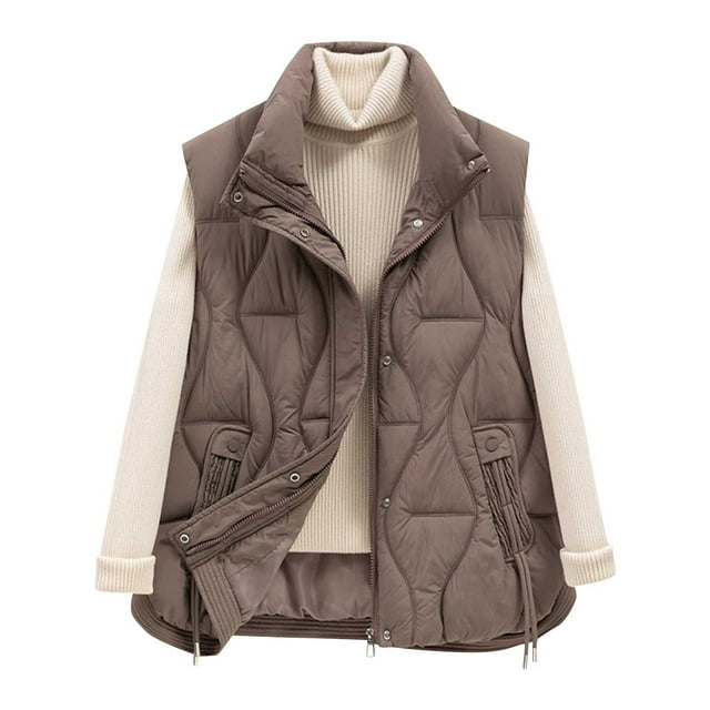 Dagegui Veste Matelassée Légère pour Femmes, Col Montant, Vestes Sans Manches, Manteau d'Automne Chaud, Manteaux d'Hiver avec Poches, Café L