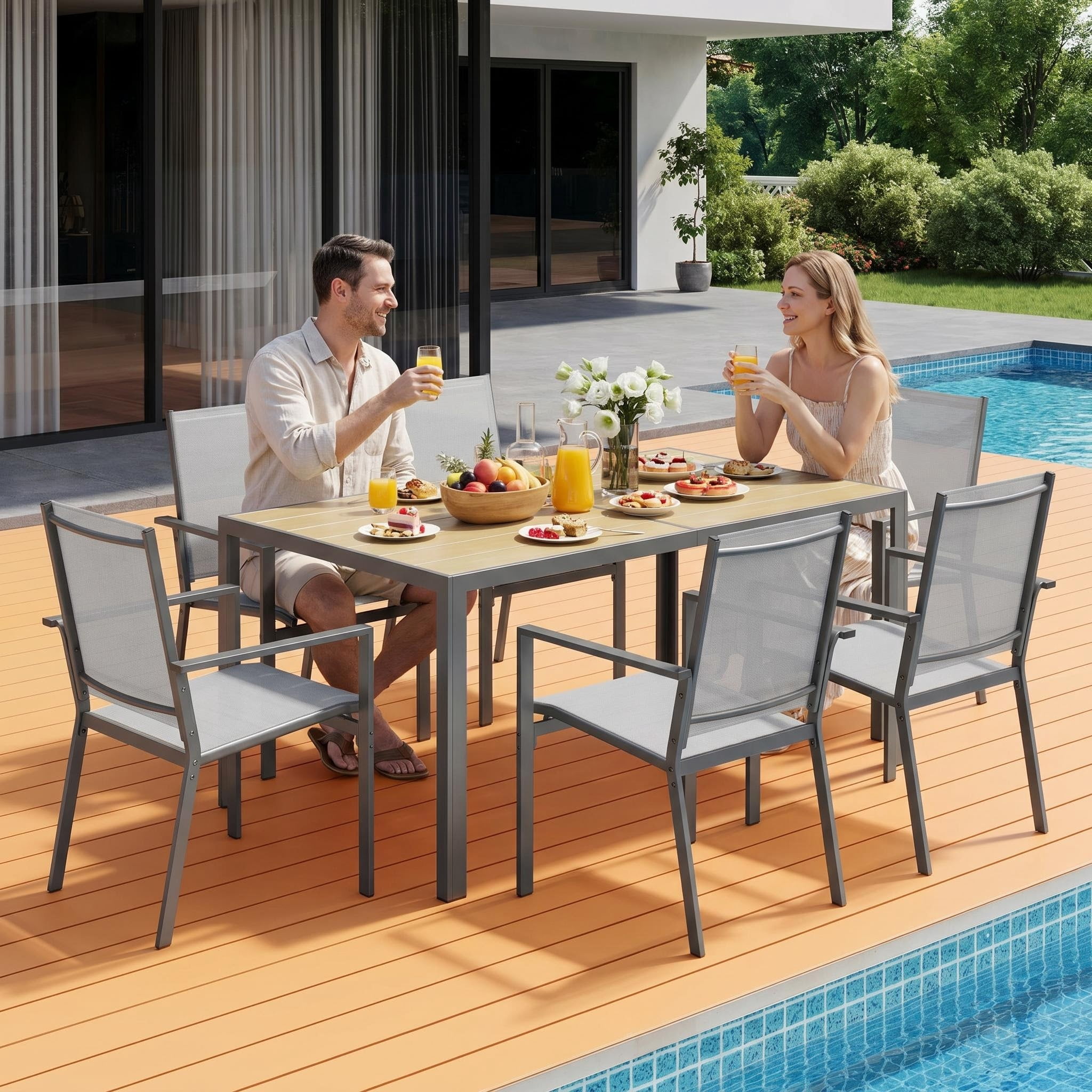 Lofka 7-Piece Outdoor Patio Dining Set ,Patio Conversation Set with 1 Metal Steel Table and 6 Textilene Chairs for Courtyard, Backyard, Pool,Gray
