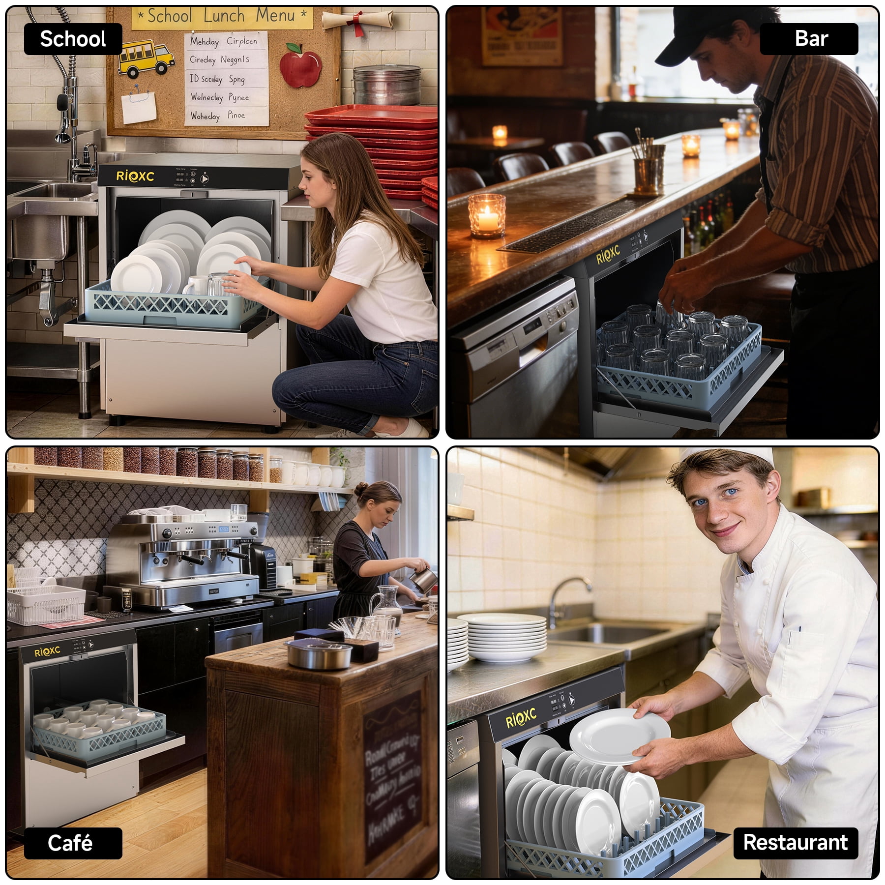 RIOXC Commercial Dishwasher, High-Temp Undercounter Dishwasher, 40 Racks/Hr, 208-240V, Stainless Steel, NSF & ETL Certified for Restaurant, Bar & Café