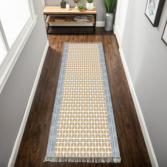 Casavani Brown Handblock Printed Cotton Dhurrie Custom Bedroom And Living Room Carpet 4x8 feet