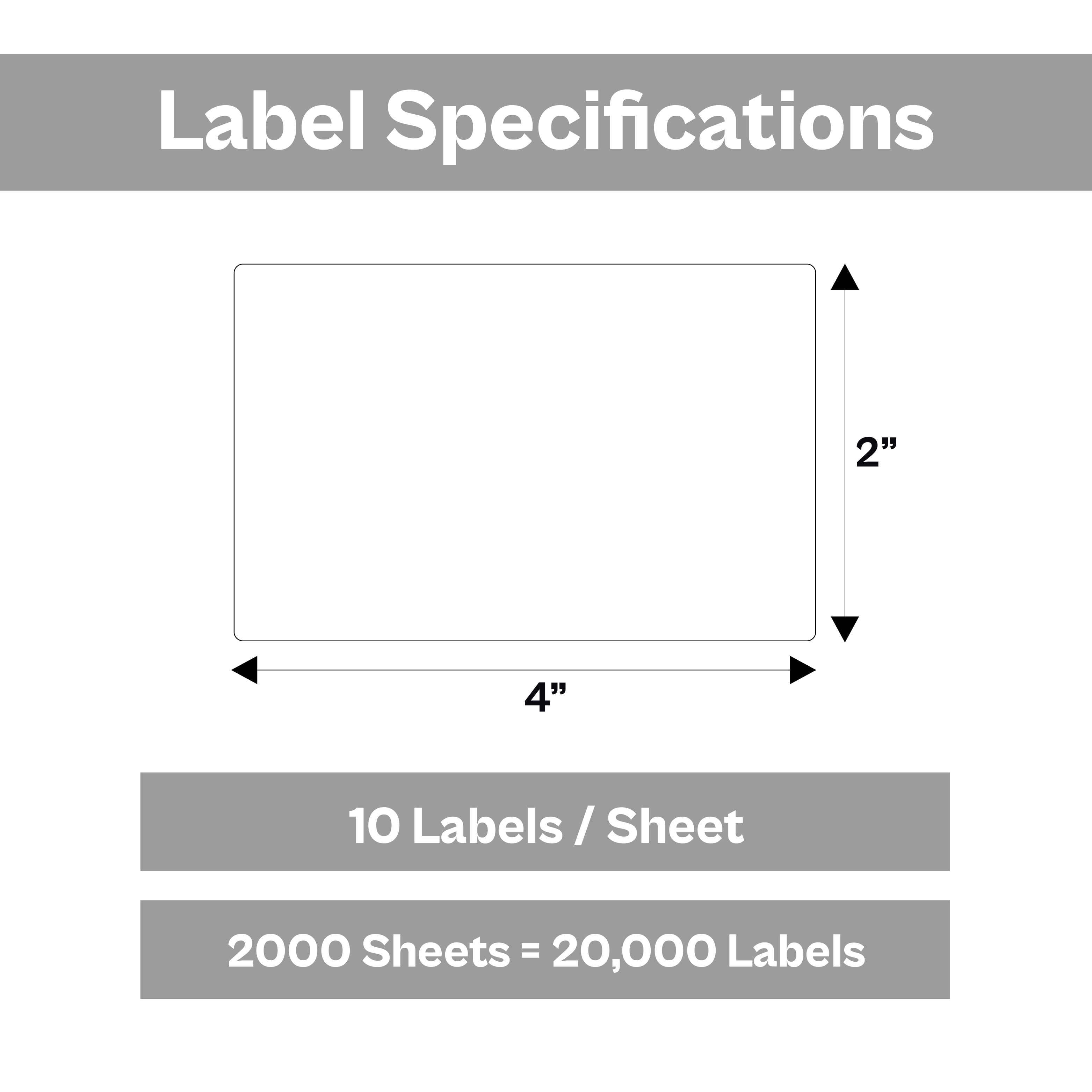SSBM 4" x 2" - 2000 Sheets, Laser Sheet Labels White, Ideal for Laser or Inkjet Printers for Packaging, Shipping - 10 Labels Per Sheet