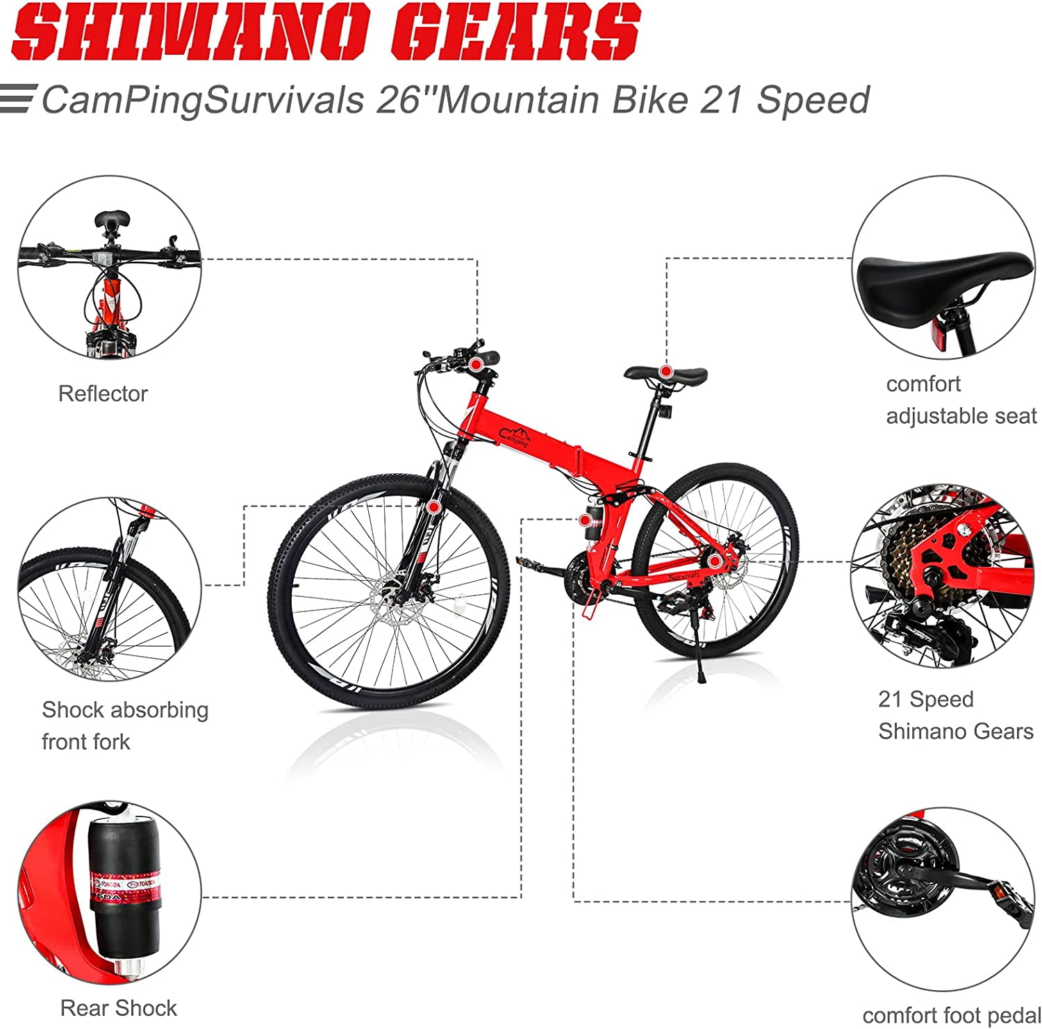 PEXMOR 26" Folding Mountain Bike, 21 Speed Foldable MTB Mountain Bicycle High Carbon Steel with Double Disc Brake, Front Suspension Anti-Slip for Adult Men & Women's Outdoor Cycling Bike