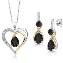 Gem Stone King 925 Sterling Silver and 10K Yellow Gold Black Onyx and White Lab Grown Diamond Pendant Necklace Earrings Set for Women (3.90 Cttw, with 18 inch Chain)