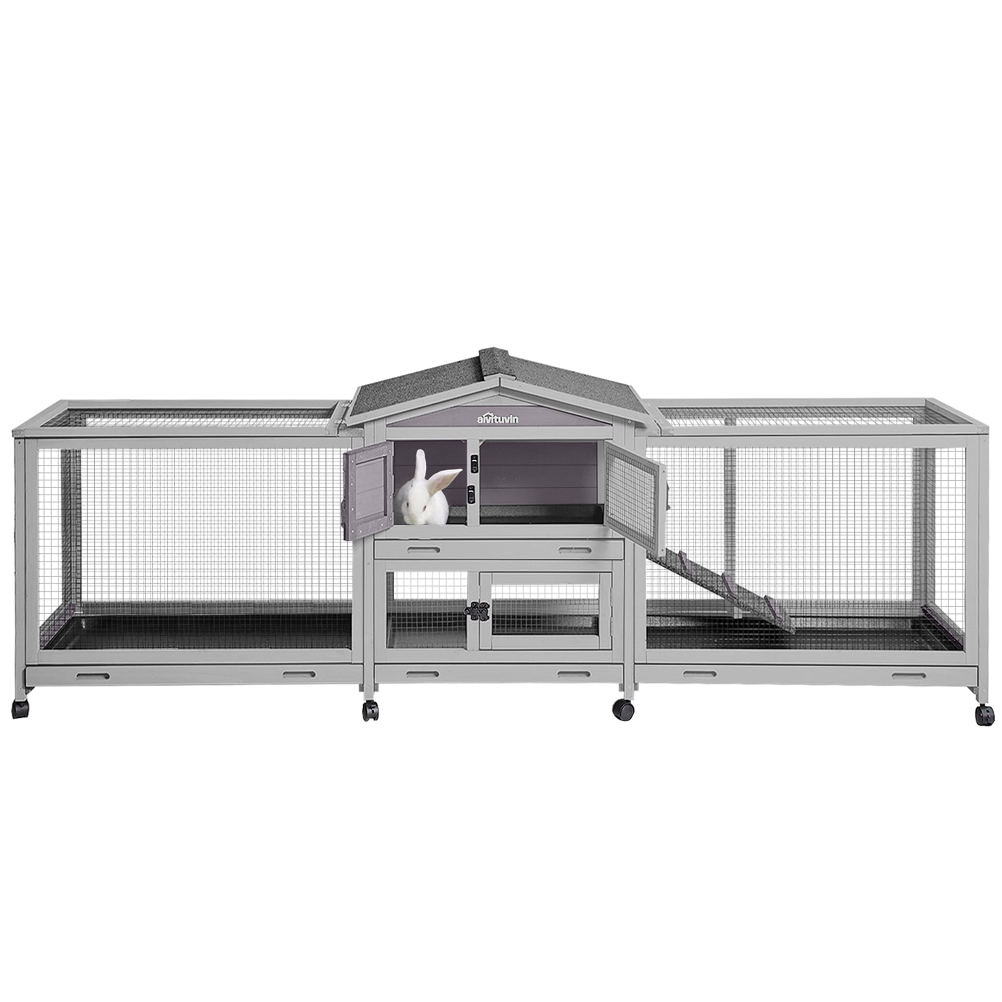 Aivituvin Wood Rabbit Hutch Bunny Cage with Wheels Small Pet House for Guinea Pig Indoor & Outdoor - Expand Style