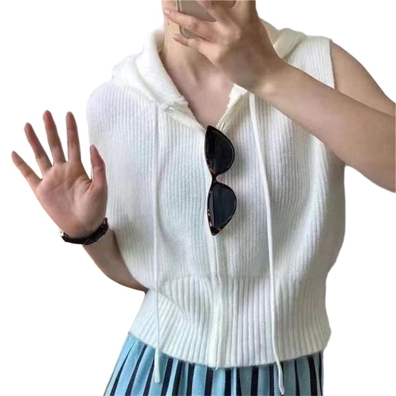 Yokua Women Sleeveless Hooded Vest Solid Color Zipper Up Sweater Crop Top Waistcoat