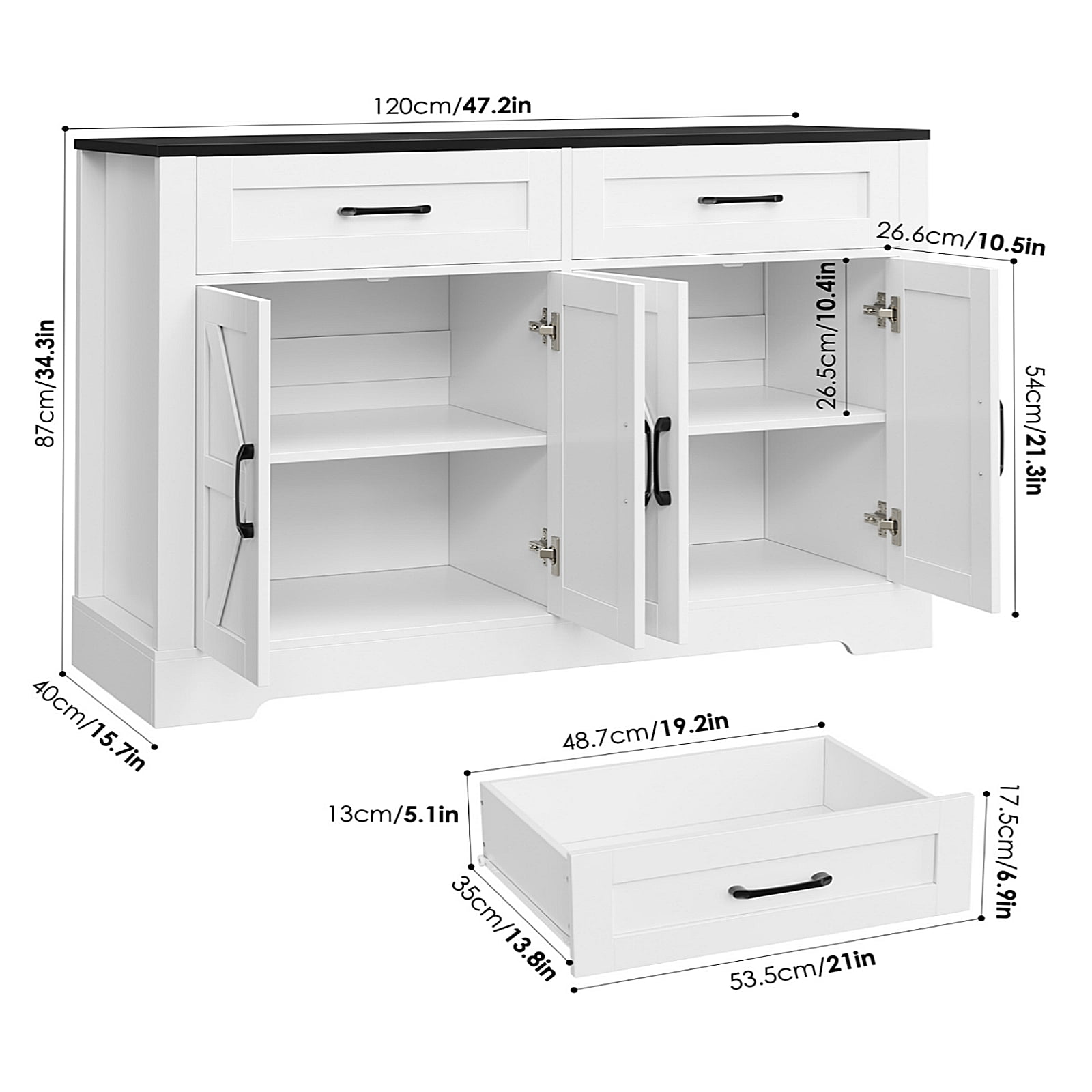 Homfa Buffet Cabinet with 2 Drawers and 4 Doors, Kitchen Sideboard Storage Cabinet, Farmhouse Coffee Bar Cabinet for Dining Room, White & Brown, Black & White