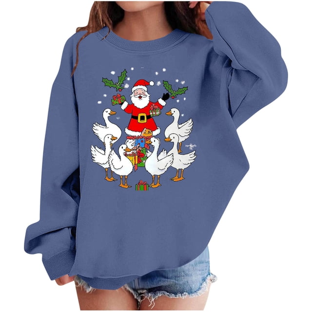 Birdeem Chandail à Capuchon de Noël pour Enfants, Manches Longues Imprimés Décontracté Ample Doublé Polaire Chaud Col Rond Tenue