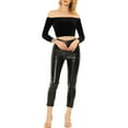 thumbnail image 2 of INSPIRE CHIC Women's Boat Neck Long Sleeve Off Shoulder Cropped Velvet Blouse XS Black, 2 of 6