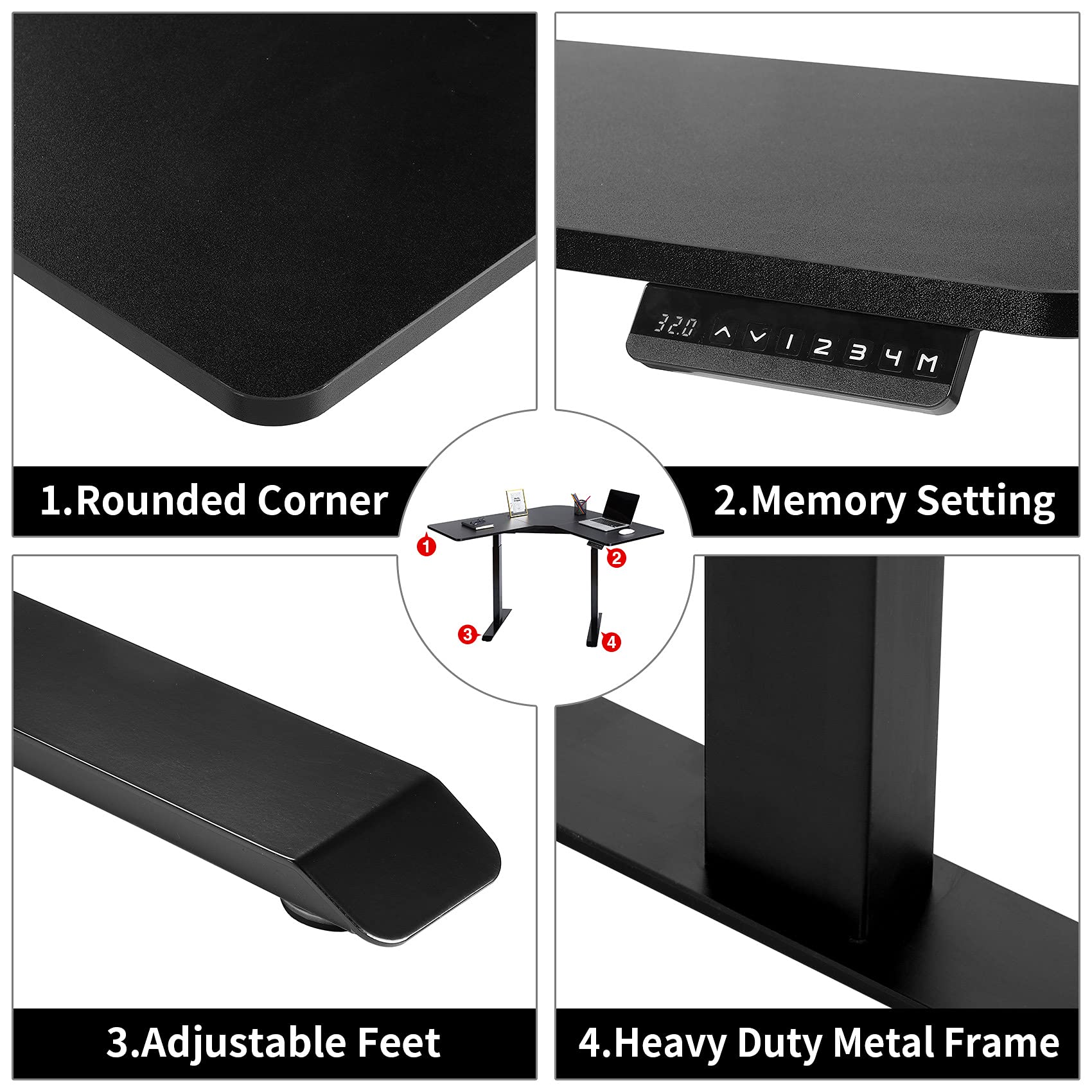 UNICOO® L Shaped Dual Motor Electric Height Adjustable Standing Desk, Computer Corner Desk, Home Gaming Desk, Office Writing Workstation (Black Frame/Black Top) XOT-L-BB