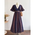 thumbnail image 2 of Bohemian Retro Striped V-Neck Tie Waist Maxi Dress for Women - Elegant Holiday Casual Summer Dress, 2 of 6