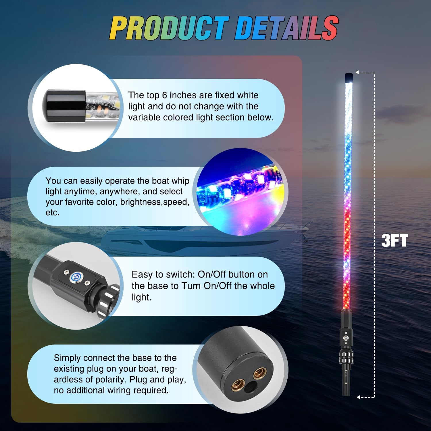 Nilight Boat Navigation Whip Light 3FT 360° Visibility 2NM Coast Guard Compliant 400+ Patterns with Remote Plug-in Base LED Spiral Boats Stern Lights for Night Fishing, Yacht, Pontoon Accessories