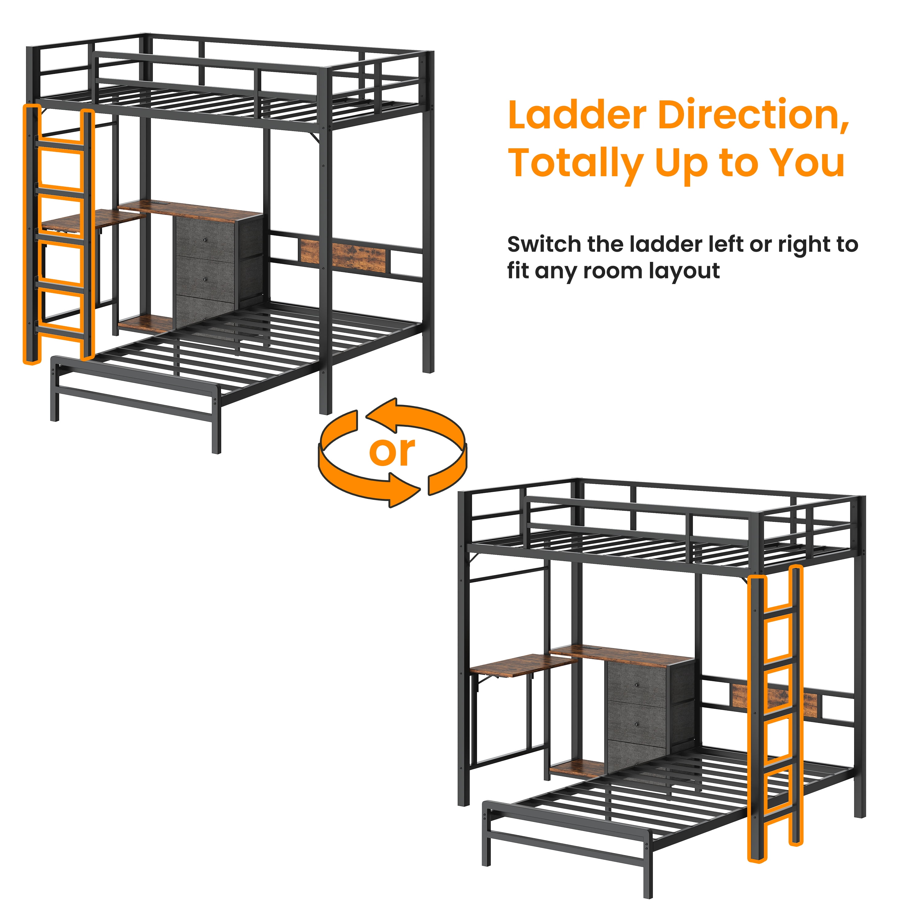 Bunk Bed with Folding Table & 3 Storage Drawers, Twin Over Twin Metal Bunk Bed with Safety Rails & Ladder, Space-Saving for All Ages, Multi-Functional, Black
