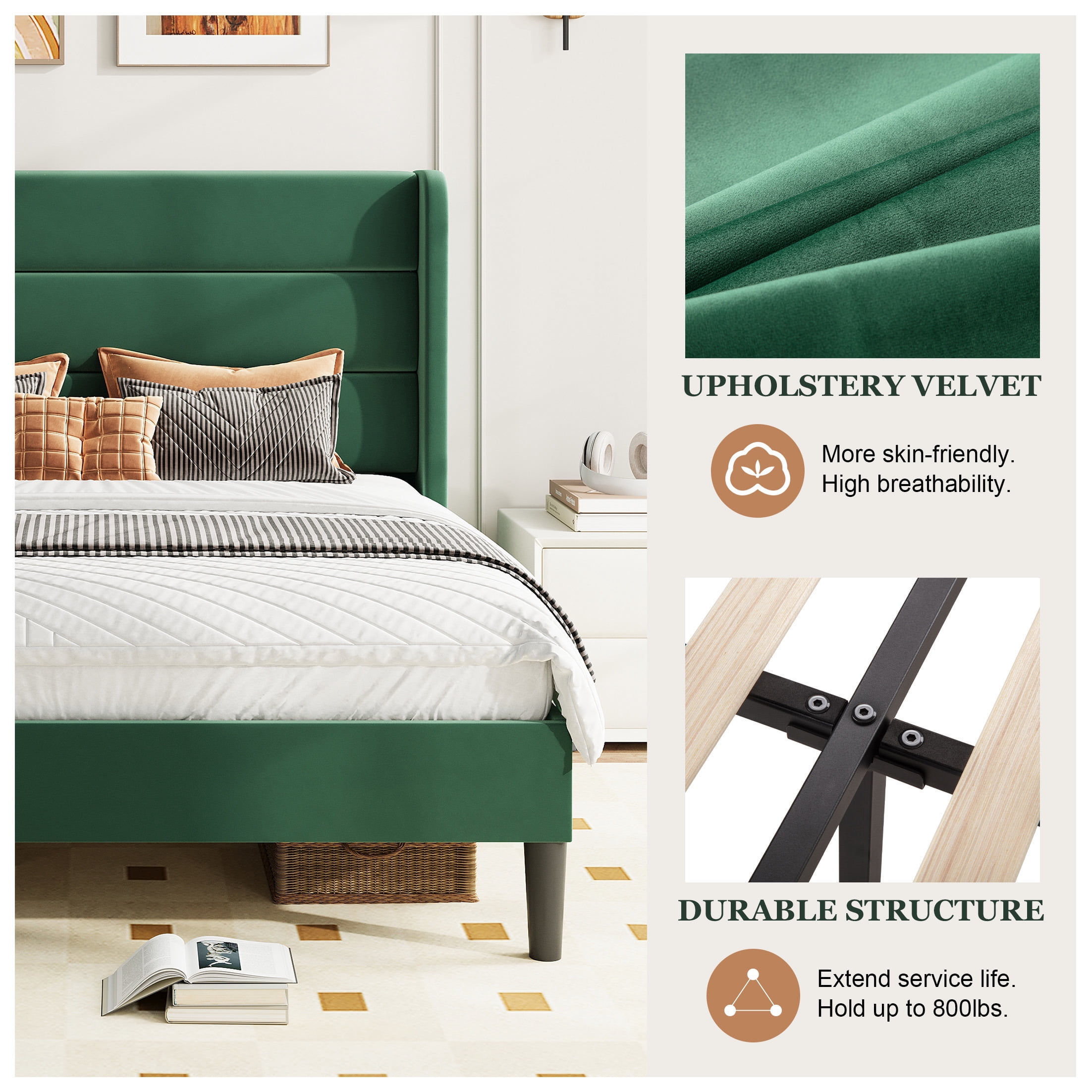 Amolife Full Size Platform Bed Frame with Velvet Upholstered Wingback Headboard, No Box Spring Needed, Green