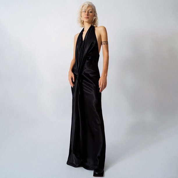 High-End Lady Satin Dress Long Skirt Summer Backless Halter Neck Deep V-Neck White Black