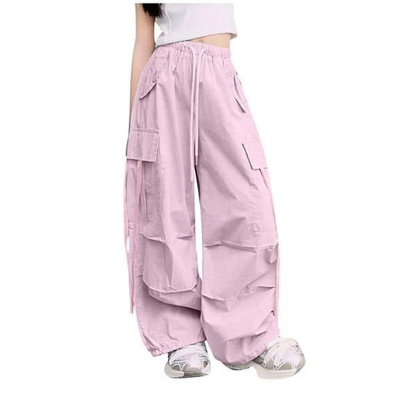 fnnxnal Girls' Cargo Pants for Girls Kids, Pink Loose Cotton with Pockets, Elastic Waisted Loose Fit Solid Color Casual Summer Pants Size 13 T