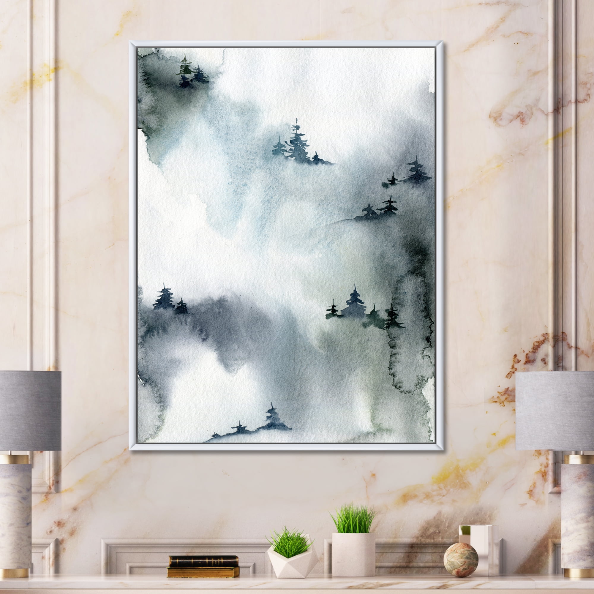 Designart 'Minimalistic Snowy Fir Trees With Winter Forest' Modern Framed Canvas Wall Art Print