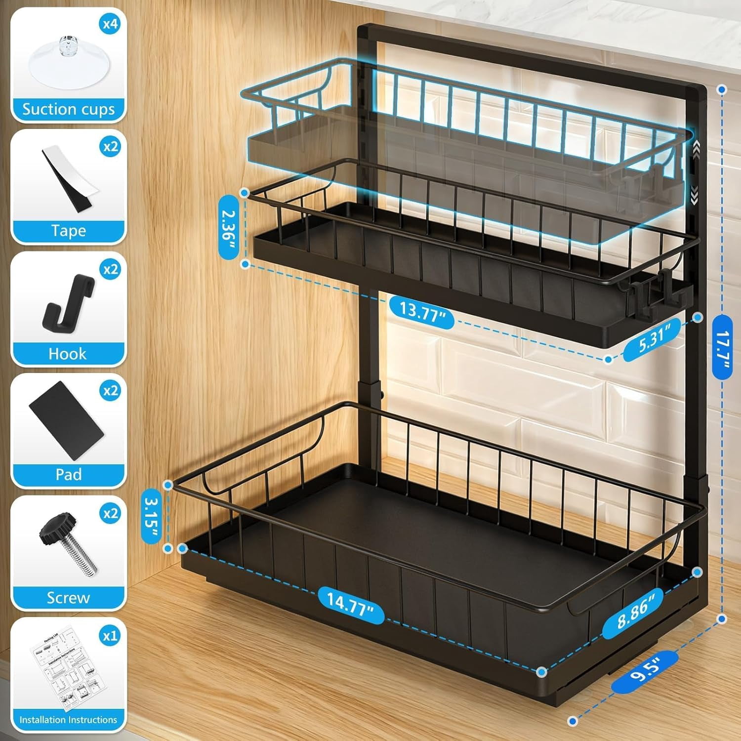 Under Sink Organizer 2 Pack, 2-Tier Cabinet Organizer for Kitchen, Bathroom, Slide Out Drawer Under Sink Organizers and Storage, Metal Organizing Rack for Pantry, Cabinet, Closet