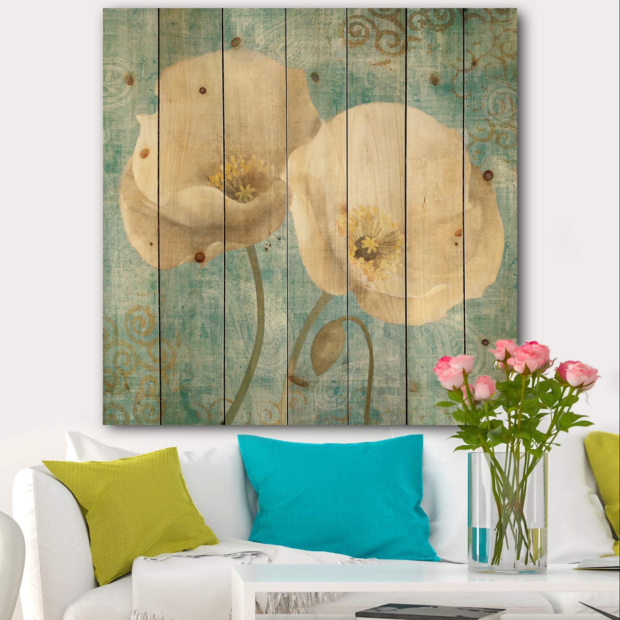 Designart 'White Poppies on Paisley' Cottage Print on Natural Pine Wood