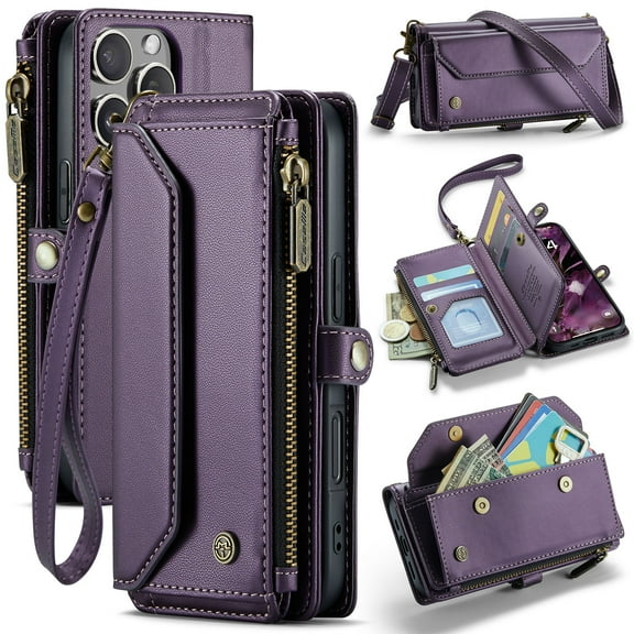 ELEHOLD for iPhone 16 Pro Max Wallet Case,Support Wireless Charging PU Leather RFID Blocking Card Holder Kickstand Flip Shockproof Case with Crossbody Wristlet Strap for iPhone 16 Pro Max,Purple