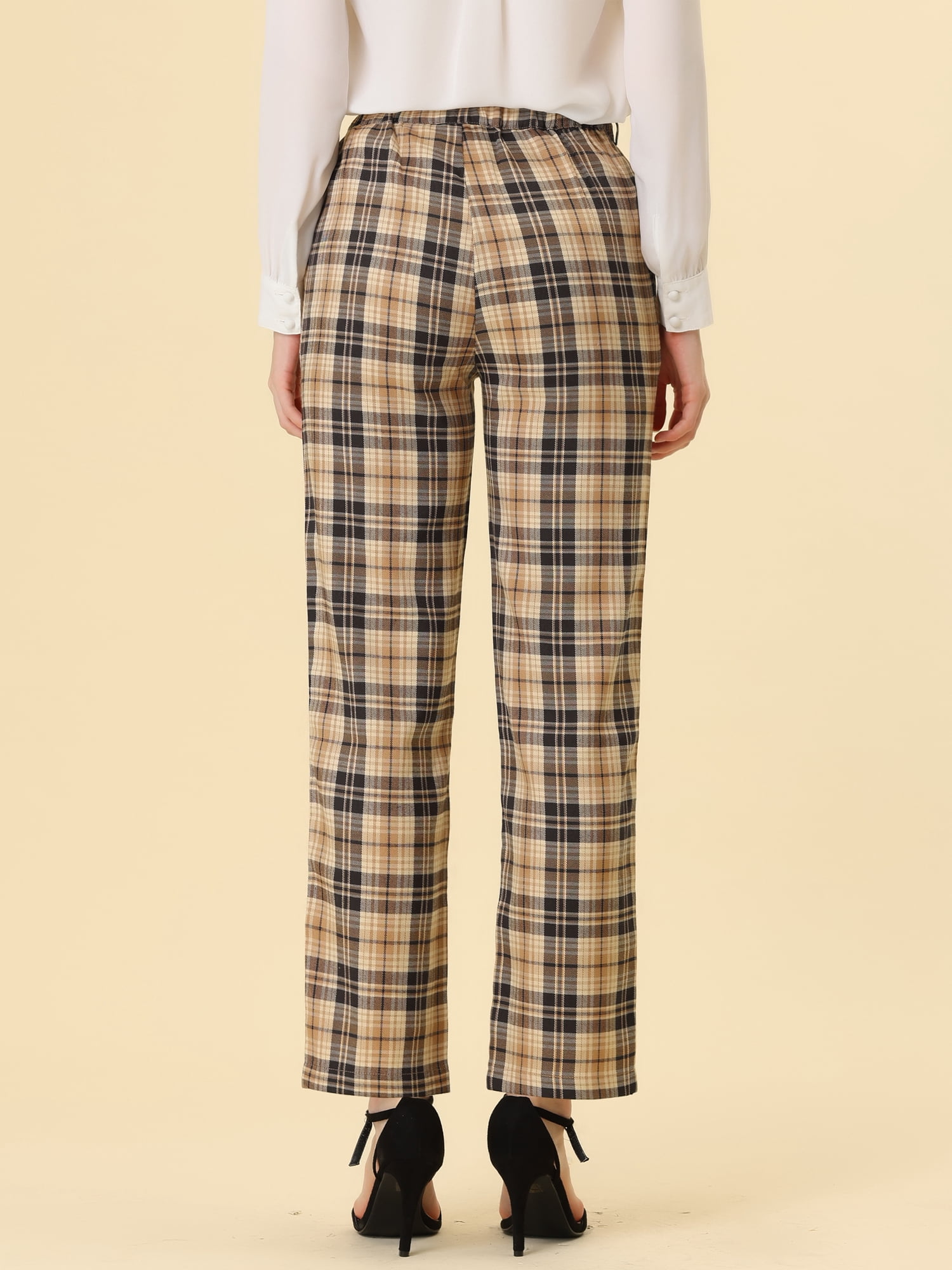 DARING DIVA Women's Plaid Trousers Pockets Straight Leg Casual Pant S Black Khaki