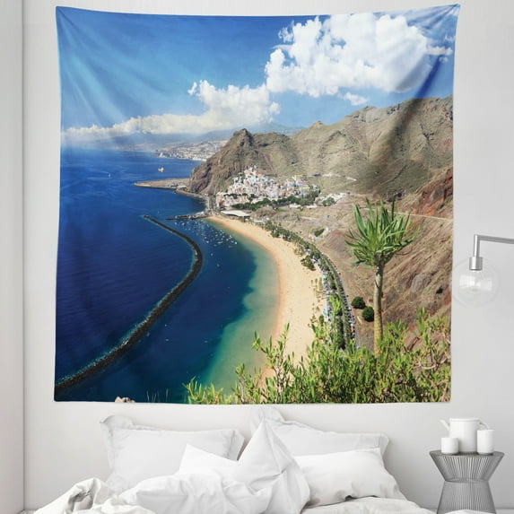 Spain Tapestry, Teresitas Beach Canary Islands Aerial Panoramic Shot Summertime Coastal View, Fabric Wall Hanging Decor for Bedroom Living Room Dorm, 5 Sizes, Night Blue Dark Tan, by Ambesonne