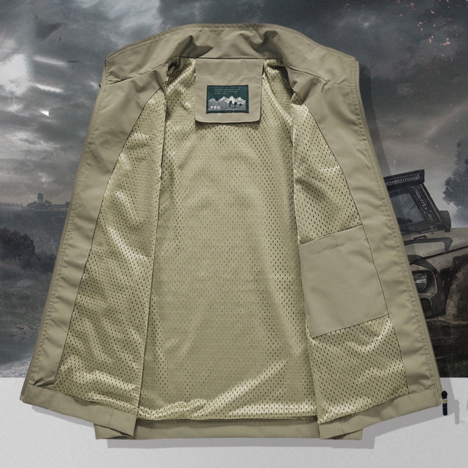 Gilet Sans Manches Cargo Pour Homme - Couleur Olive - Matière Nylon/Élasthanne - Poches Multiples - Pour Travail, Pêche, Voyage