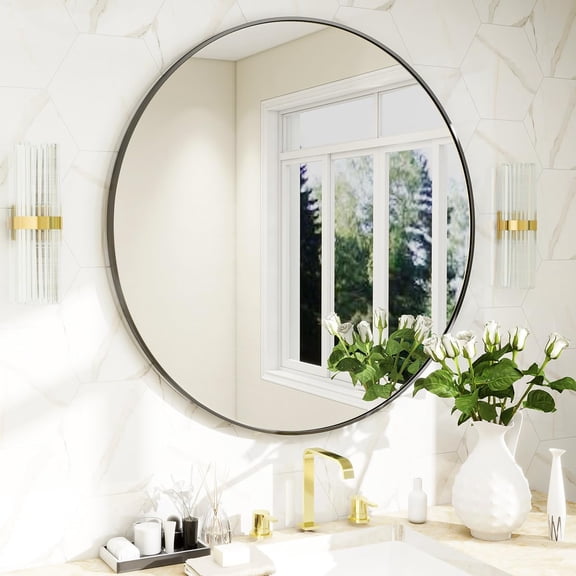 24 Inch Round Mirror, Metal Frame Circle Mirror, Wall Mounted for Entryway, Bathroom, Vanity, Living Room, Black