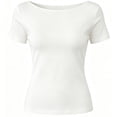 thumbnail image 7 of Women's U-Shaped Backless Short-Sleeve Tops Solid Color Boat Neck Base T-Shirt Bodycon Casual Tees Yoga Workout Tops White, 7 of 7