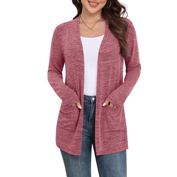Stichou Women's Long Sleeve Cardigan Lightweight Casual Open Front Cardigans with Pockets Hot Pink S
