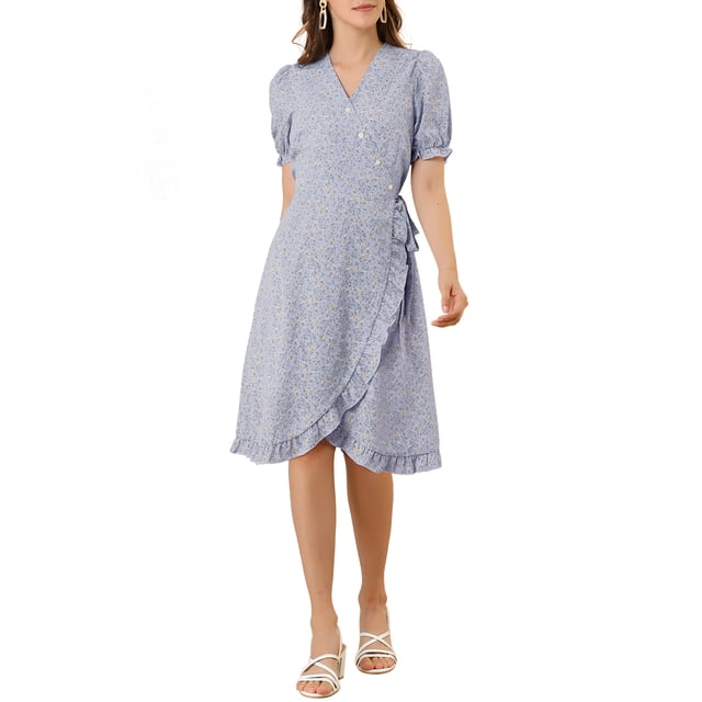 INSPIRE CHIC Women's V Neck Puff Sleeve Ruffle Hem Midi Floral Wrap Dress