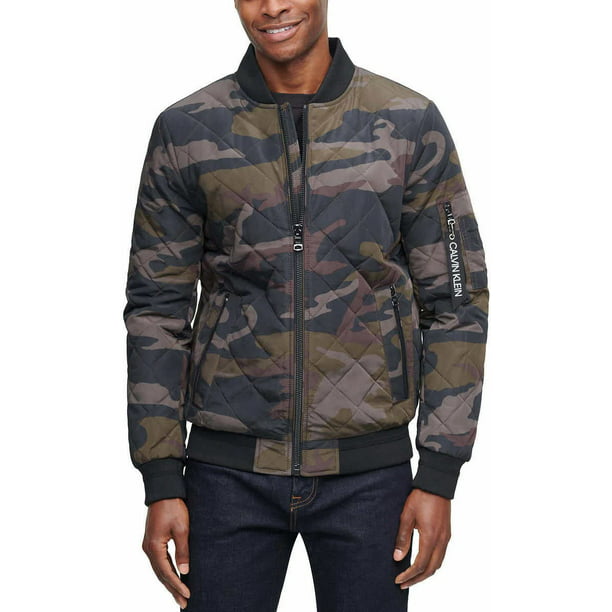 Calvin Klein Mens Lightweight Quilted Bomber Jacket(Olive Camo M) -  