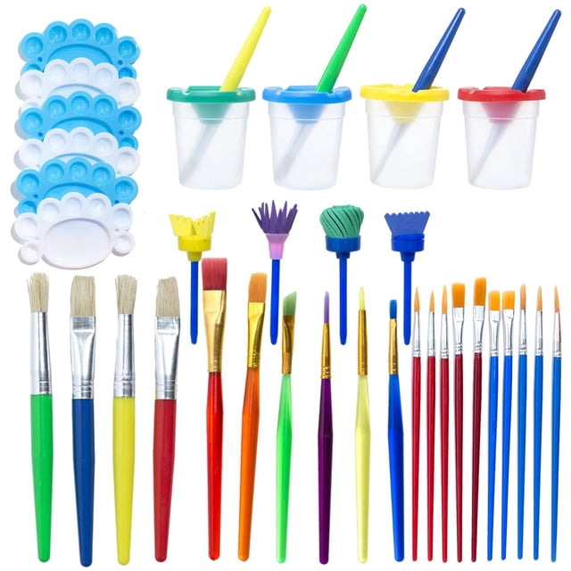 Juego de 34 vasos de pintura antiderrames. Los suministros de pintura incluyen vasos de pintura con tapas, bandeja de paleta, juego de pinceles de pintura de varios tamaños para regalos de