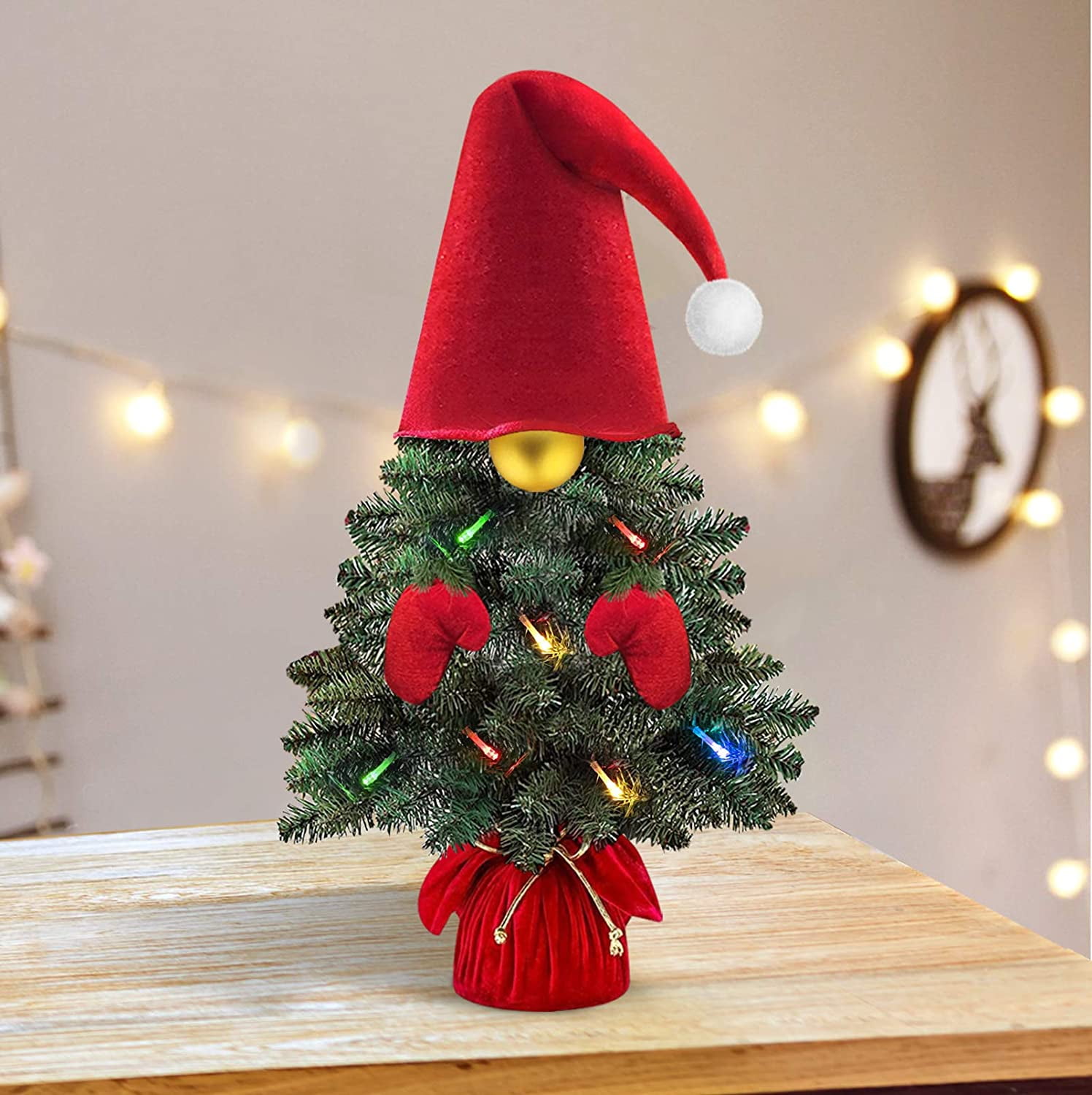 Prelit Small Gnomes Xmas Decorations ORIENTAL CHERRY Mini Christmas Tree Artificial Table Top Trees Holiday Tabletop Decor Includes Tiny Multicolor LED Lights